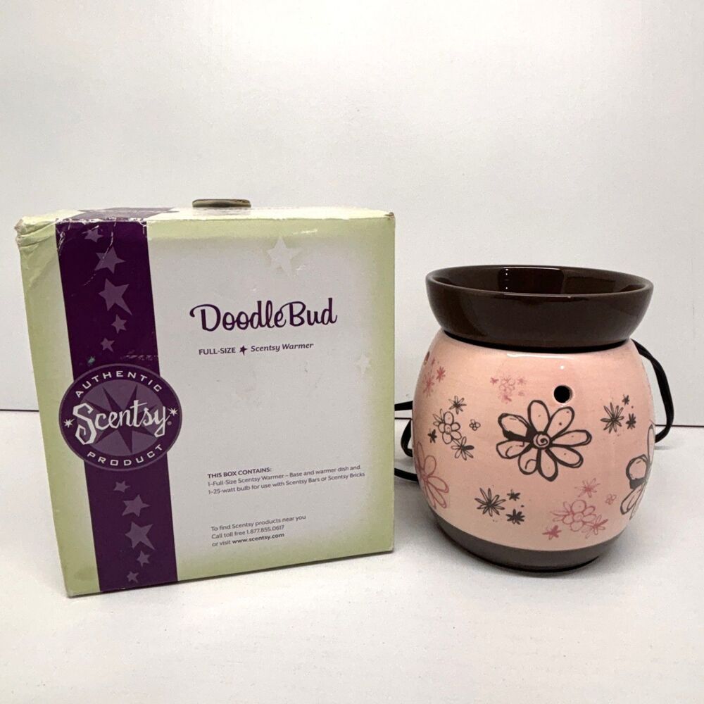 Scentsy Wax Warmer Retired Doodle Bud Pink & Brown Flowers in Box, Bulb Included